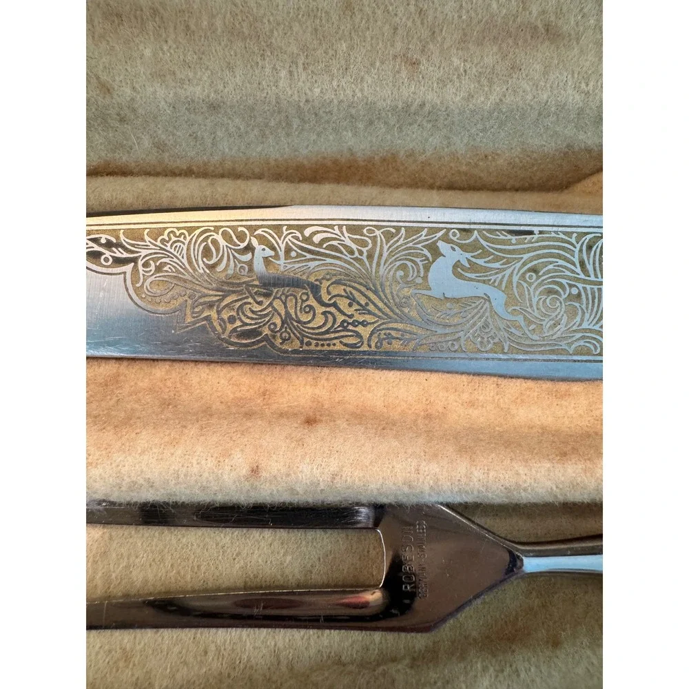 Robeson Continental Vintage Carving Set Stag Horn Handles Germany 3 Piece Etched